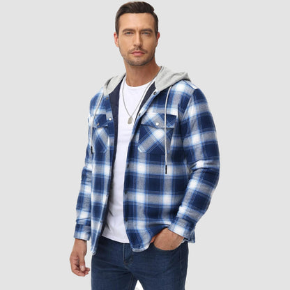 Men's Quilted Flannel Jacket With Hood Warm