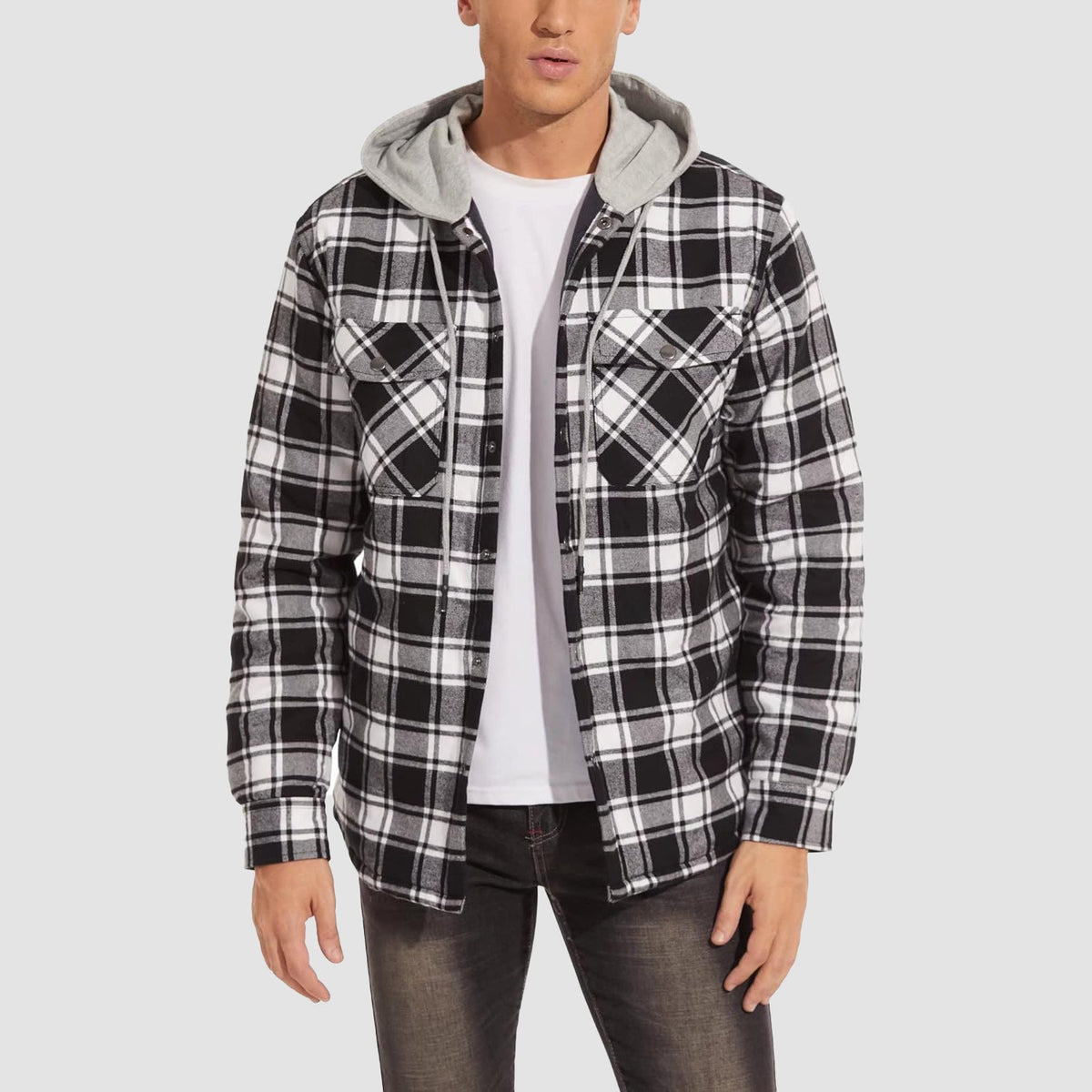 Men's Quilted Flannel Jacket With Hood Warm