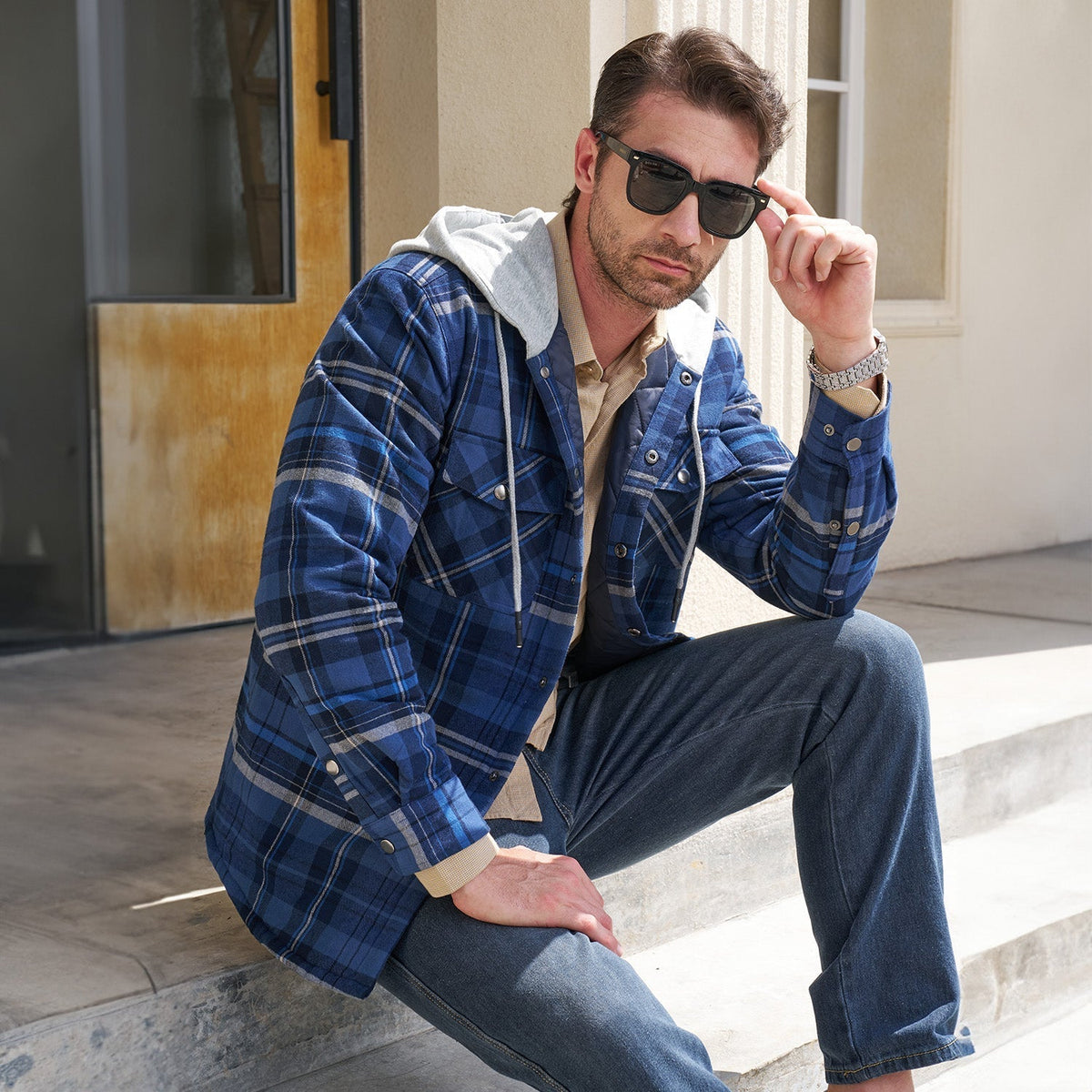 Men's Quilted Flannel Jacket With Hood Warm