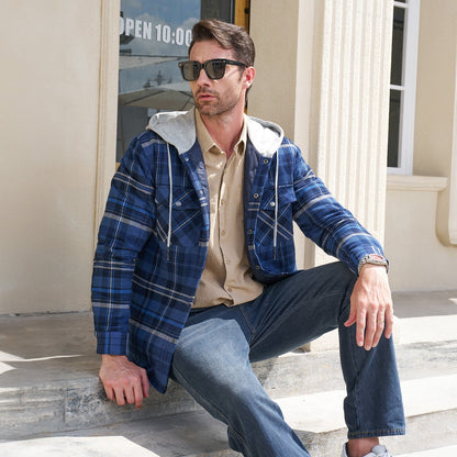 Men's Quilted Flannel Jacket With Hood Warm