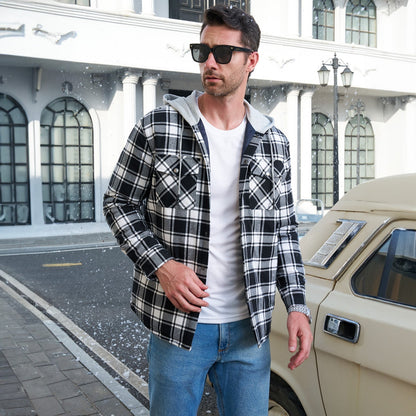 Men's Quilted Flannel Jacket With Hood Warm