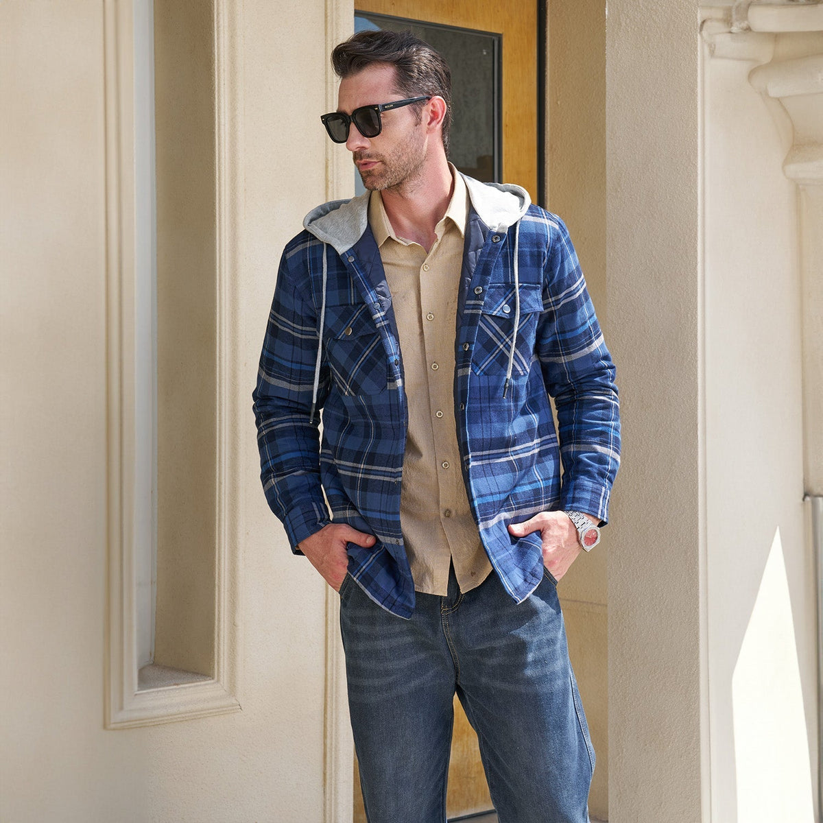 Men's Quilted Flannel Jacket With Hood Warm