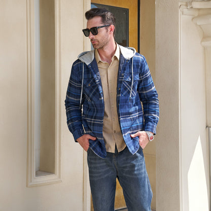 Men's Quilted Flannel Jacket With Hood Warm