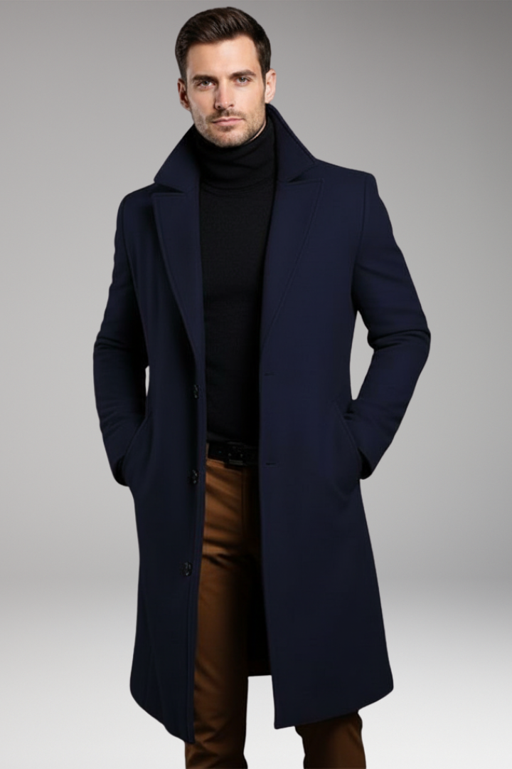 Men's Mid Length Coat Notch Lapel Button Front