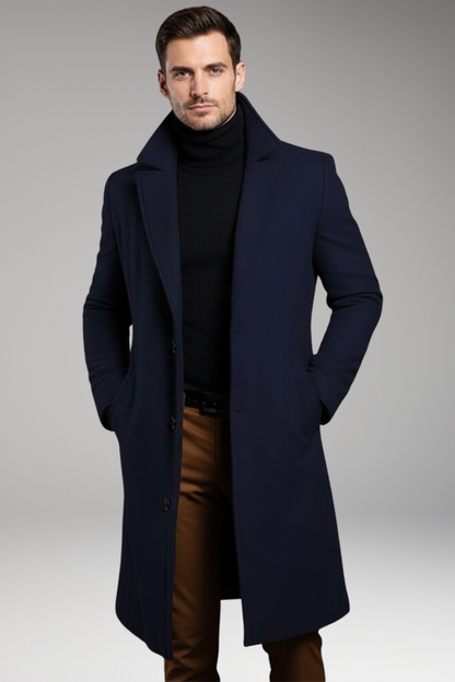 Men's Mid Length Coat Notch Lapel Button Front