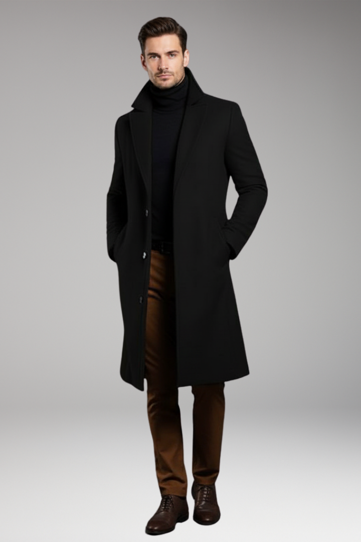 Men's Mid Length Coat Notch Lapel Button Front