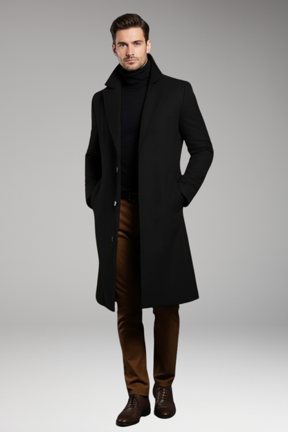 Men's Mid Length Coat Notch Lapel Button Front