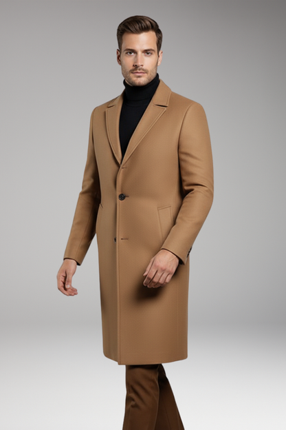 Men's Mid Length Coat Notch Lapel Button Front