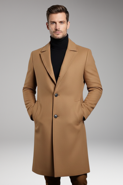 Men's Mid Length Coat Notch Lapel Button Front