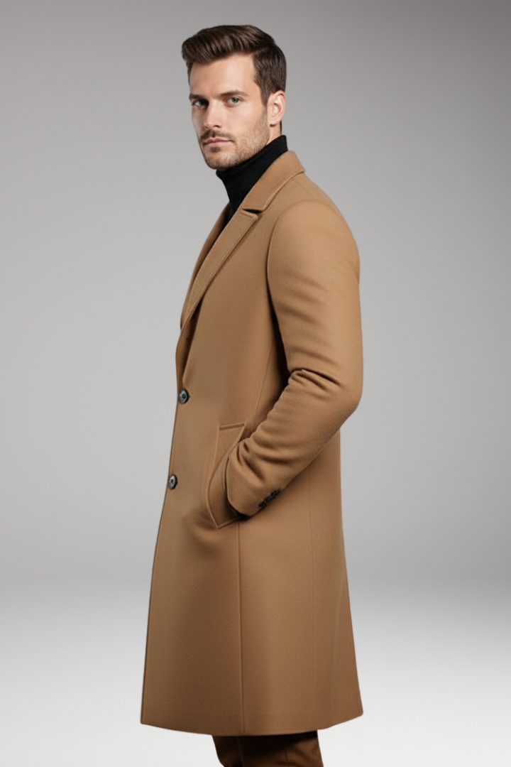 Men's Mid Length Coat Notch Lapel Button Front