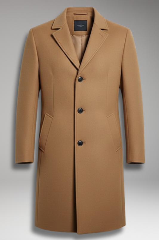 Men's Mid Length Coat Notch Lapel Button Front - VibreMode
