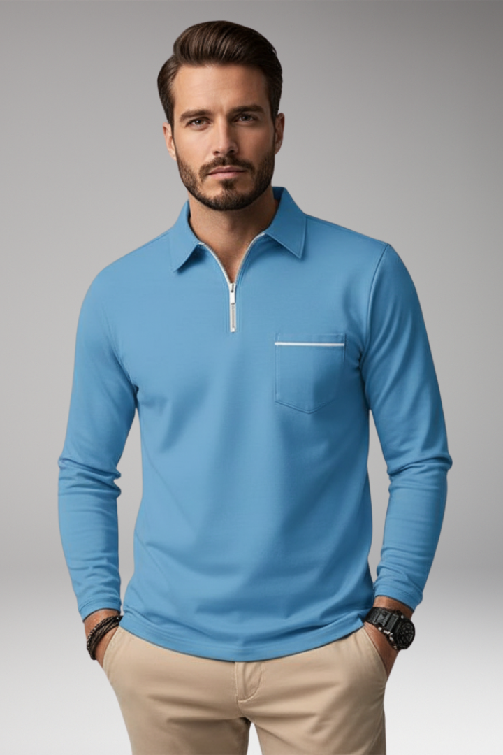 Men's Polo Shirt Long Sleeve Zip Pocket