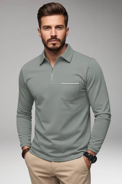 Men's Polo Shirt Long Sleeve Zip Pocket