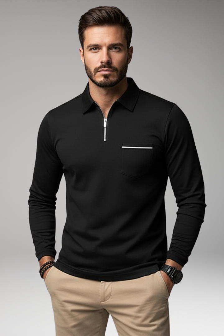 Men's Polo Shirt Long Sleeve Zip Pocket