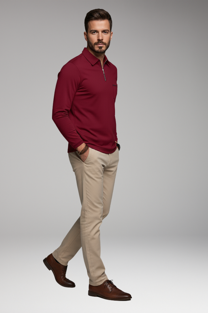 Men's Polo Shirt Long Sleeve Zip Pocket
