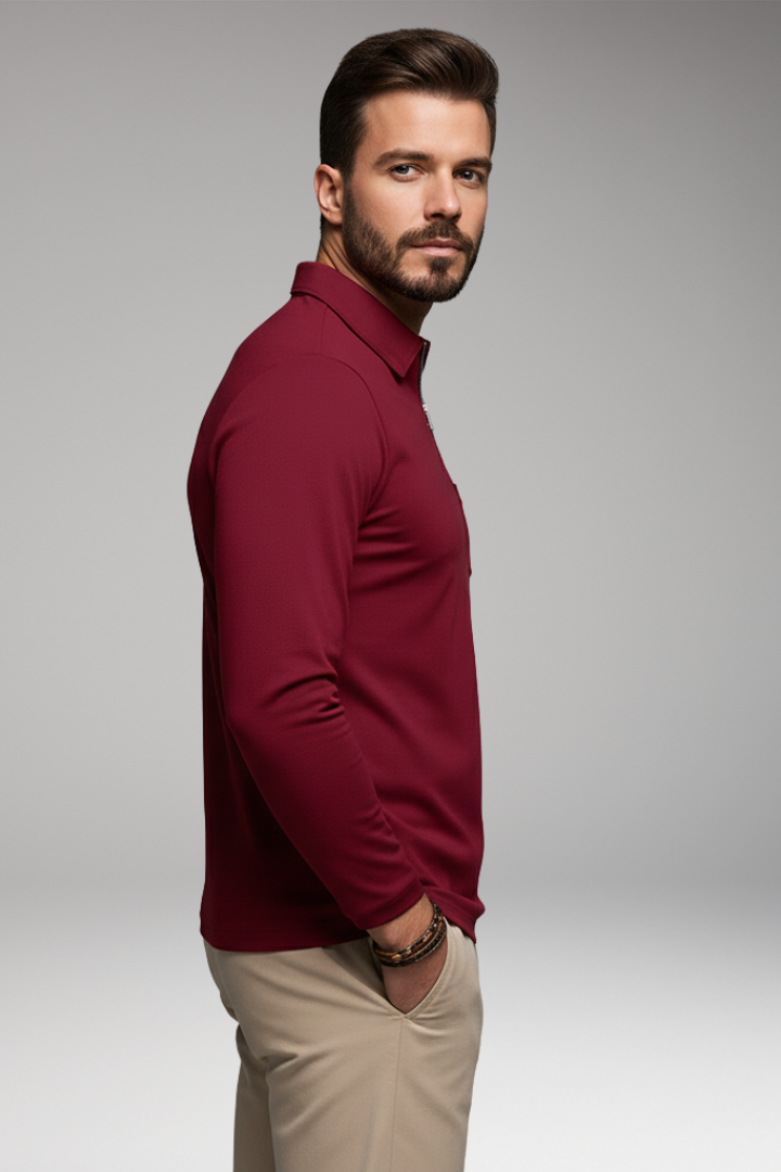 Men's Polo Shirt Long Sleeve Zip Pocket