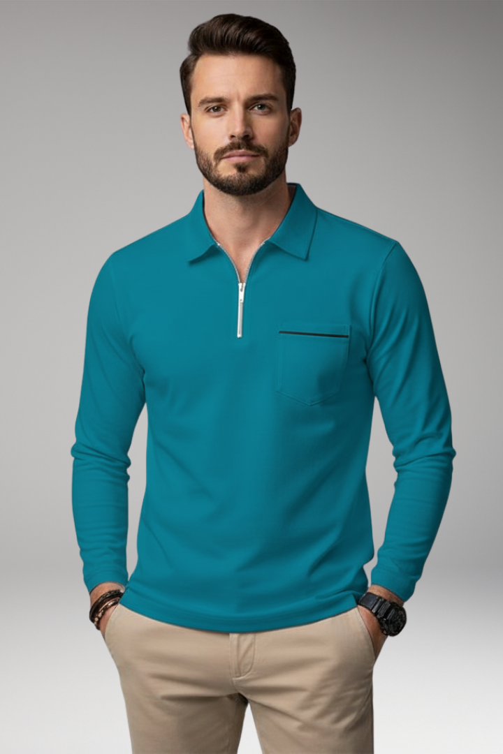 Men's Polo Shirt Long Sleeve Zip Pocket