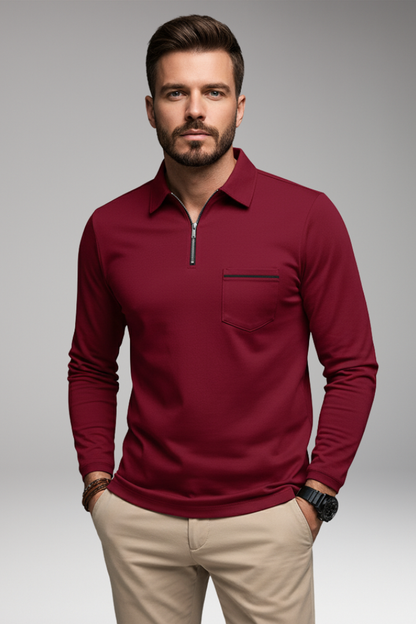 Men's Polo Shirt Long Sleeve Zip Pocket