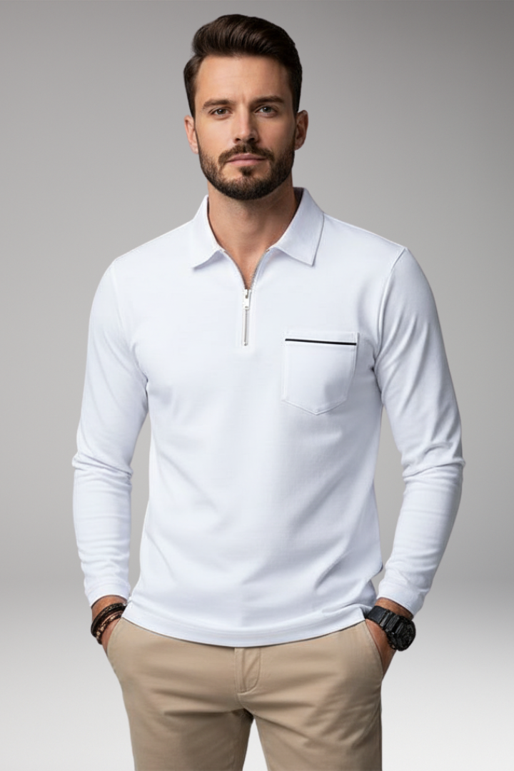 Men's Polo Shirt Long Sleeve Zip Pocket