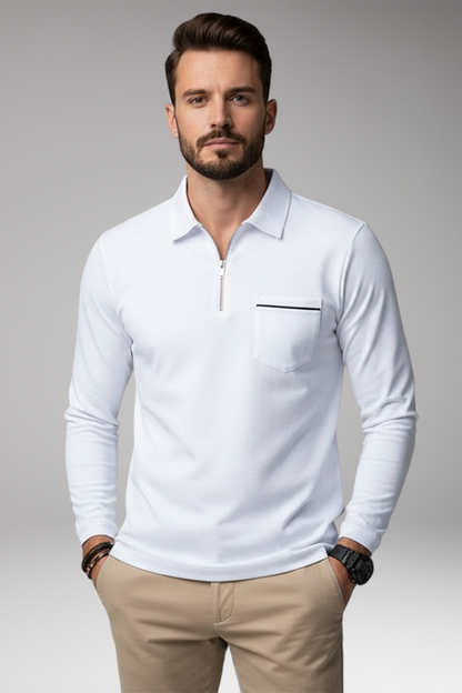 Men's Polo Shirt Long Sleeve Zip Pocket