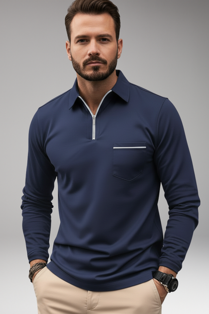 Men's Polo Shirt Long Sleeve Zip Pocket