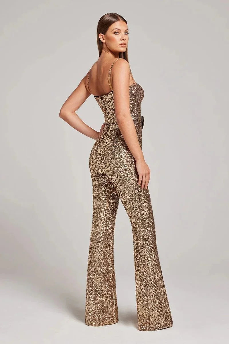 Shiny Sequin Jumpsuit with Fitted Waist Band