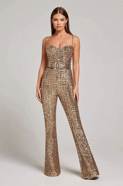 Shiny Sequin Jumpsuit with Fitted Waist Band