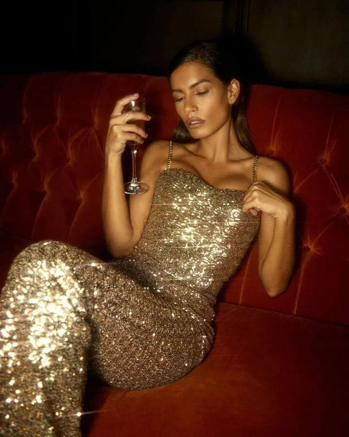 Shiny Sequin Jumpsuit with Fitted Waist Band