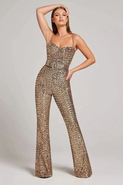Shiny Sequin Jumpsuit with Fitted Waist Band