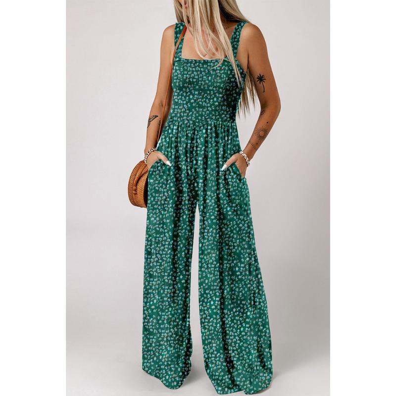 Image of Michaela | Women's Floral Smocked Wide Leg Jumpsuit