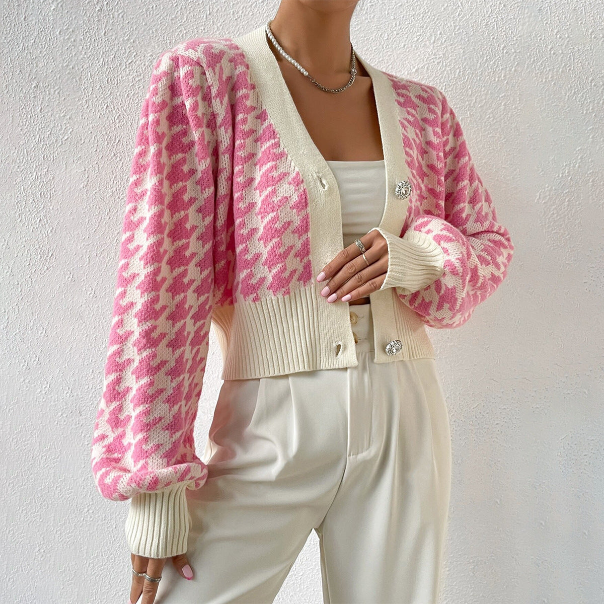 Women's Houndstooth Cardigan Cropped - VibreMode