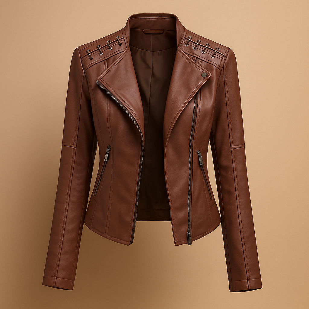 Woman wearing a modern PU jacket for women with a regular fit, stand up collar, and silver zipper accents, styled for spring and autumn outfits.