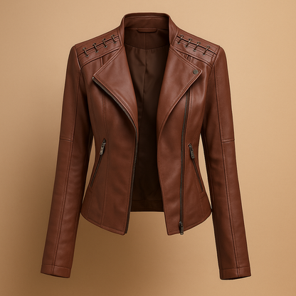 Woman wearing a modern PU jacket for women with a regular fit, stand up collar, and silver zipper accents, styled for spring and autumn outfits.