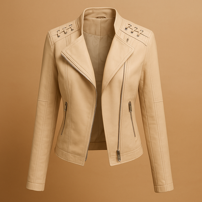 Woman wearing a modern PU jacket for women with a regular fit, stand up collar, and silver zipper accents, styled for spring and autumn outfits.