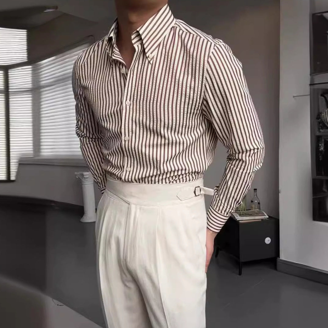 Men's Striped Long Sleeve Button-Up Shirt - VibreMode