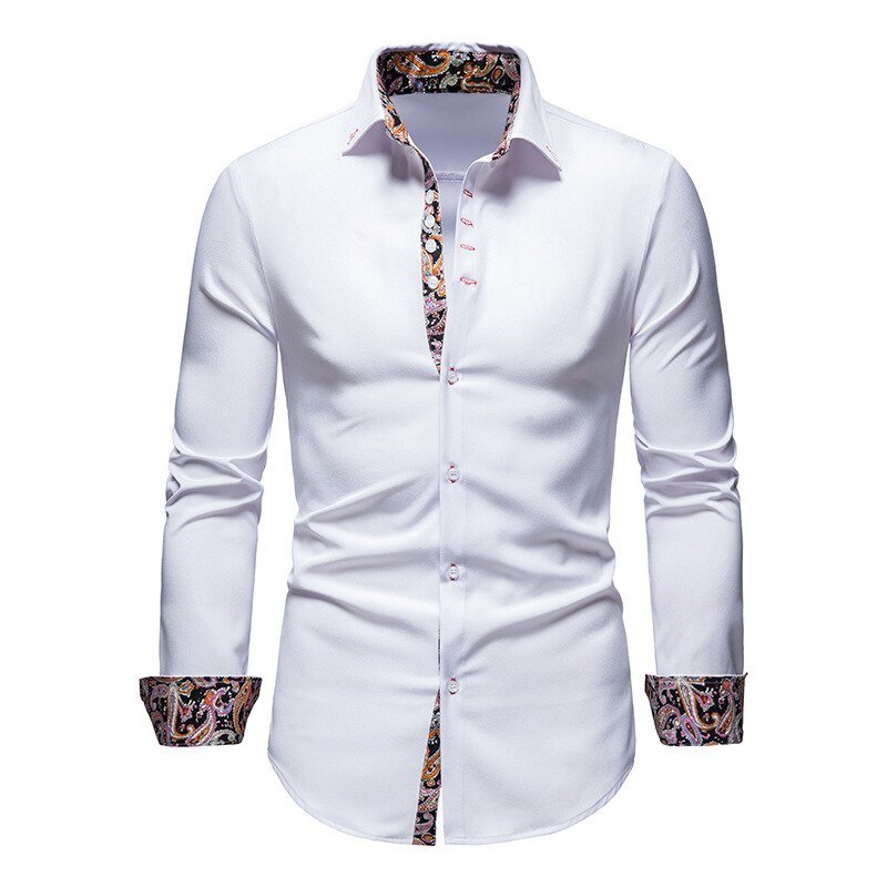 Classic Men's White Dress Shirt with Patterned Cuffs - VibreMode