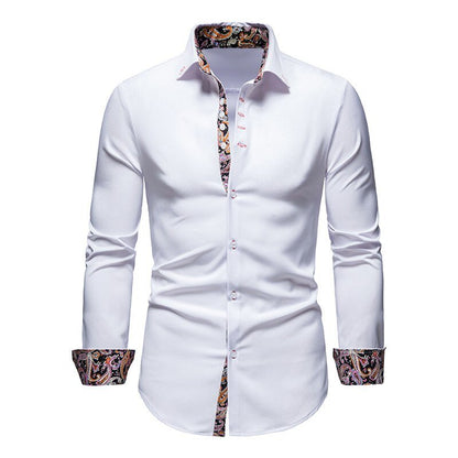 Classic Men's White Dress Shirt with Patterned Cuffs - VibreMode