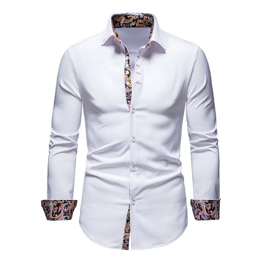 Classic Men's White Dress Shirt with Patterned Cuffs - VibreMode