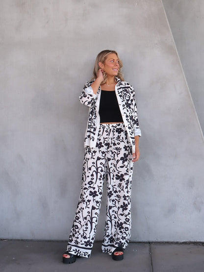 Image of Natalie | Women's High-Waisted Floral Print Wide Leg Pants