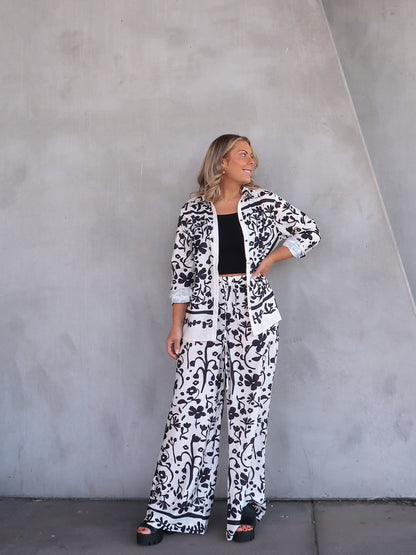 Image of Natalie | Women's High-Waisted Floral Print Wide Leg Pants