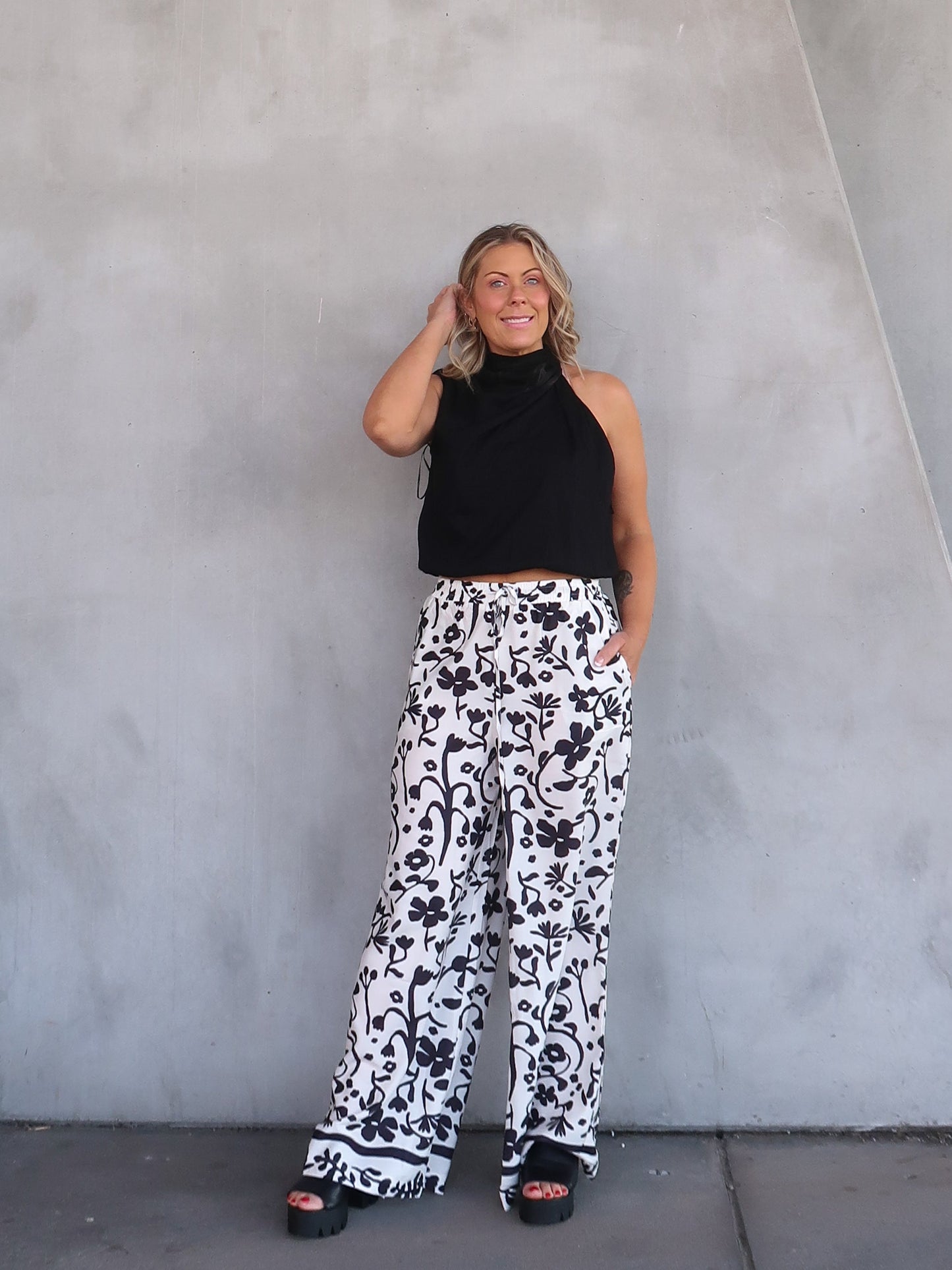 Image of Natalie | Women's High-Waisted Floral Print Wide Leg Pants