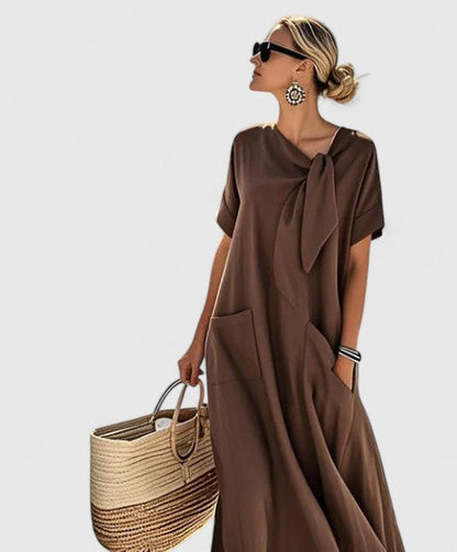 Relaxed Fit V Neck Midi Dress for Women - VibreMode