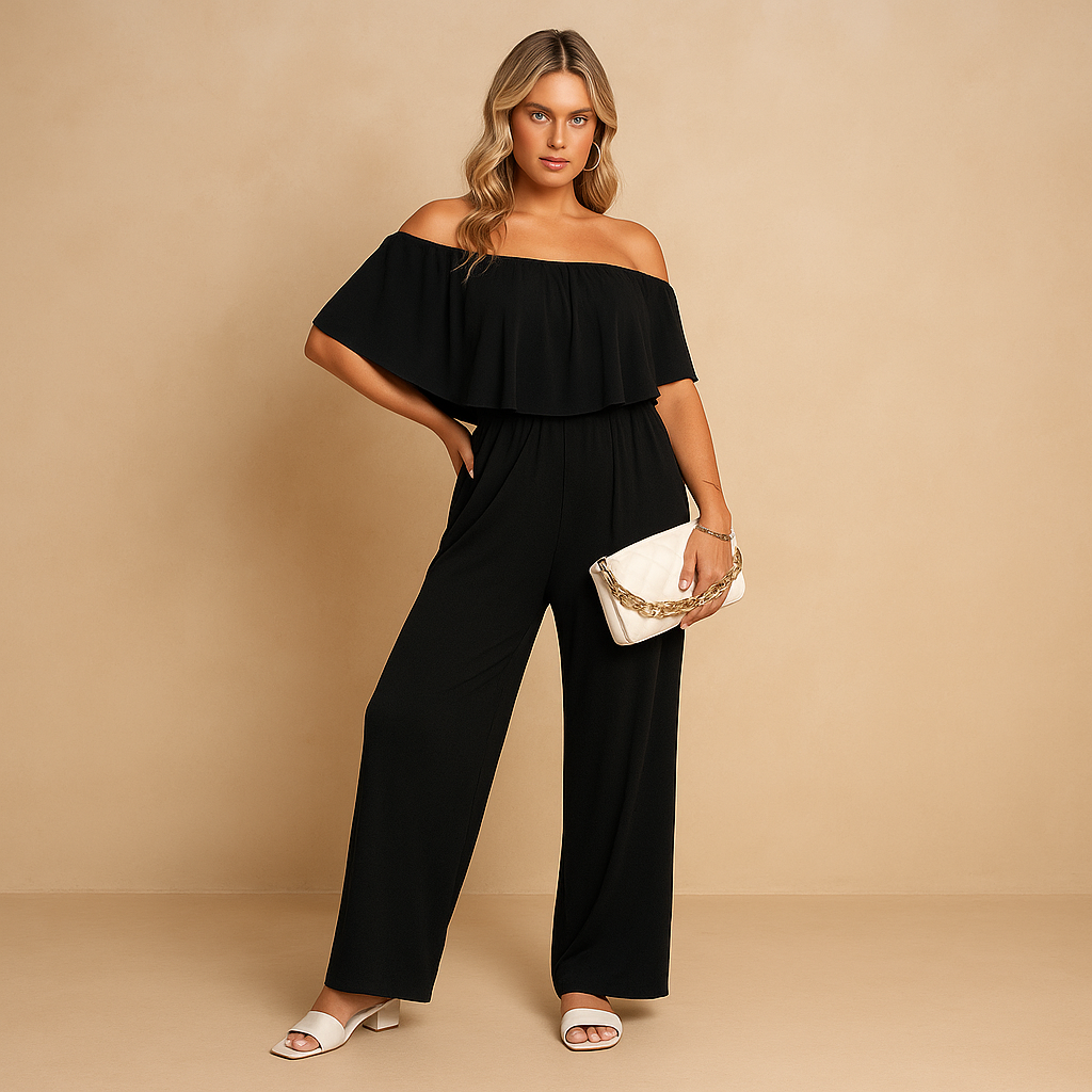 Woman wearing an off-shoulder summer jumpsuit with a loose, airy fit, perfect for warm days and casual chic looks.