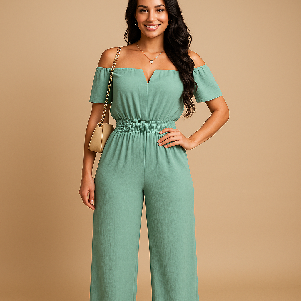 Woman wearing an off-shoulder pleated jumpsuit with an elastic waist, perfect for summer events, beach days, and casual chic outfits.