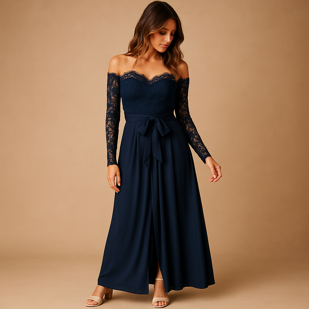 Woman wearing an off-shoulder navy lace jumpsuit with wide split-leg pants, styled for elegant evening events.