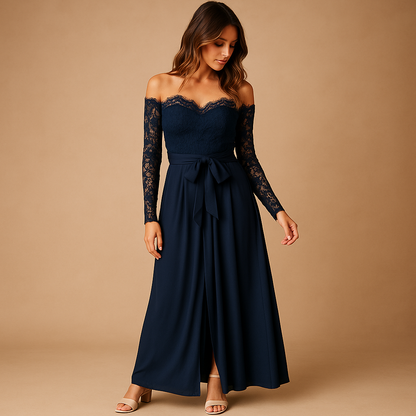 Woman wearing an off-shoulder navy lace jumpsuit with wide split-leg pants, styled for elegant evening events.