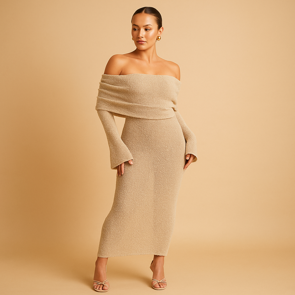 Women’s off shoulder summer dress in khaki, black, and white with a flattering fit, perfect for holidays, casual days, and summer events.