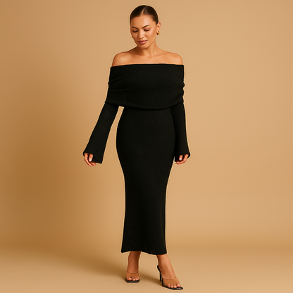 Women’s off shoulder summer dress in khaki, black or white, perfect for garden parties, holidays, and elegant summer occasions.