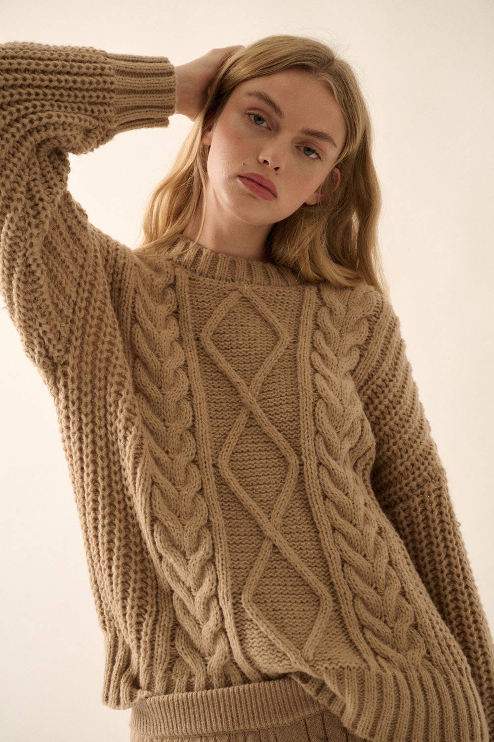Image of Olive | Women's Cable Knit Long Sleeve Sweater