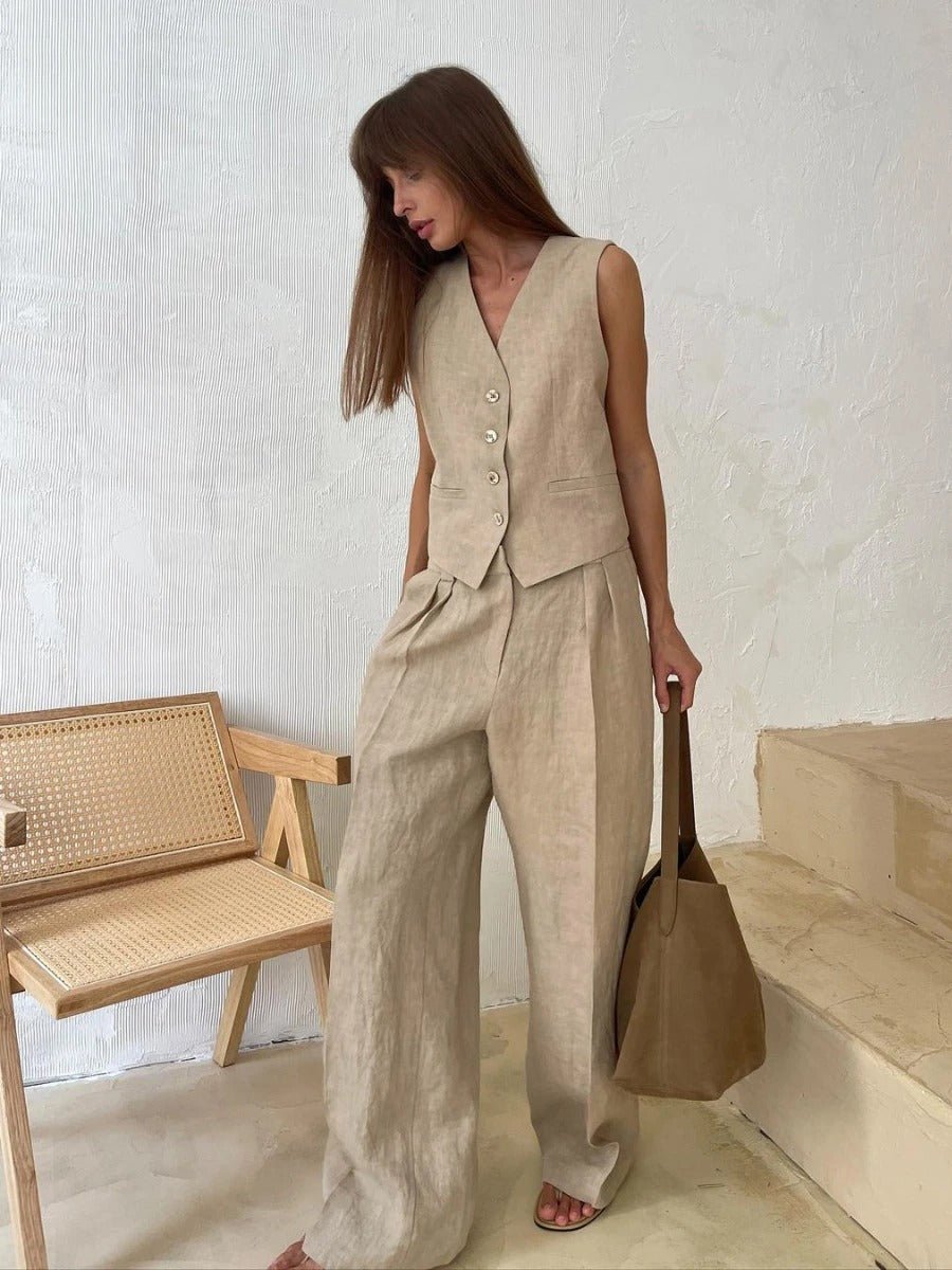 Women's Two Piece Set V-Neck Vest High Waist Pants - VibreMode